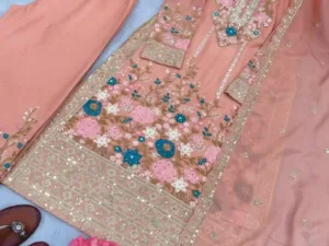 “Premium Heavy Chinon Silk Palazzo Suit Set – Designer Embroidery & Diamond Handwork”