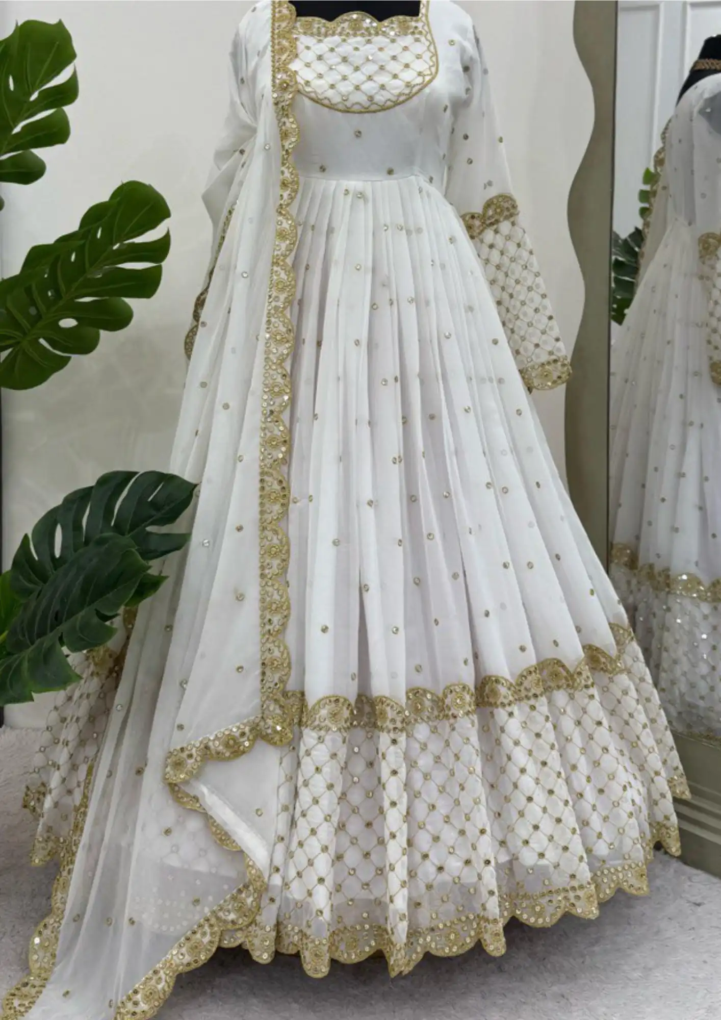 White & Gold Embroidered Anarkali Suit – Elegant Designer Gown for Weddings & Festive Wear