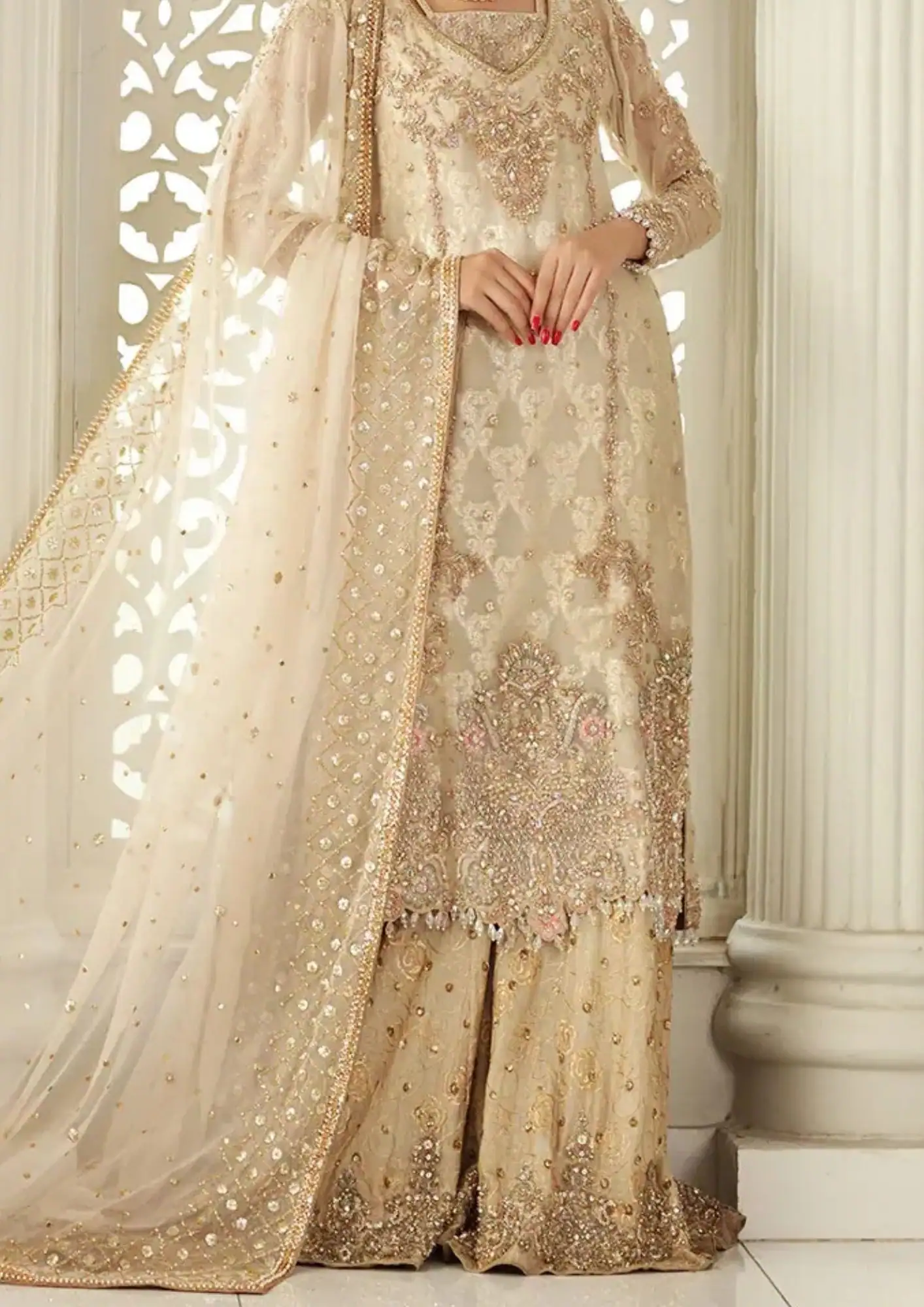 Pakistani Suit with Dupatta for Party Wear – Stunning Hand-Embroidered Beige Elegance