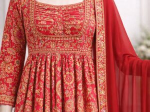 Orange floral printed Anarkali kurta set with matching pants and dupatta