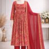 Orange floral printed Anarkali kurta set with matching pants and dupatta