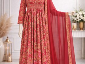 Orange floral printed Anarkali kurta set with matching pants and dupatta