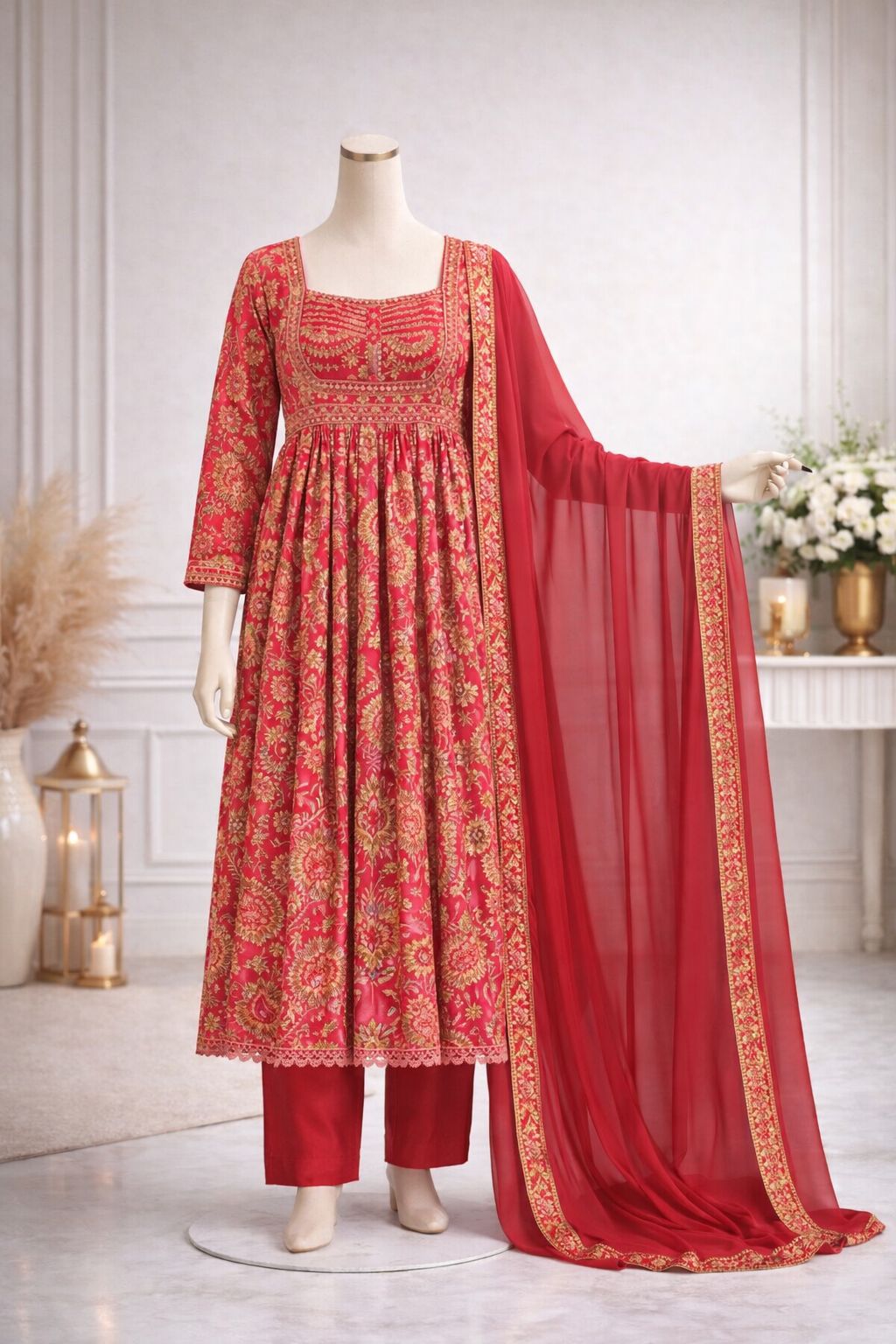 Orange floral printed Anarkali kurta set with matching pants and dupatta