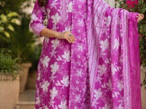 Pink Printed Cotton Kurta Pant Dupatta Set – Floral Summer Ethnic Wear