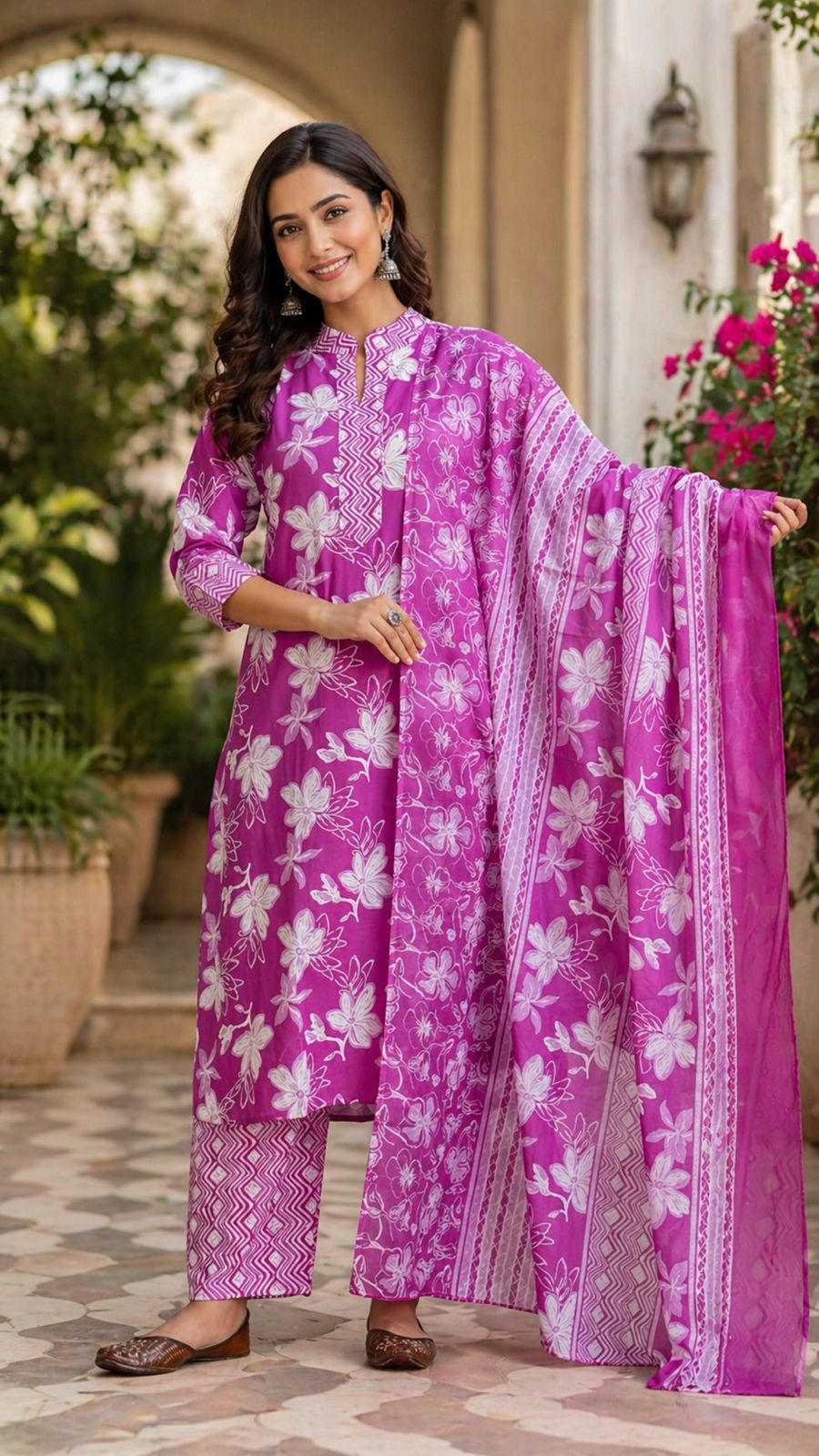 Pink Printed Cotton Kurta Pant Dupatta Set – Floral Summer Ethnic Wear