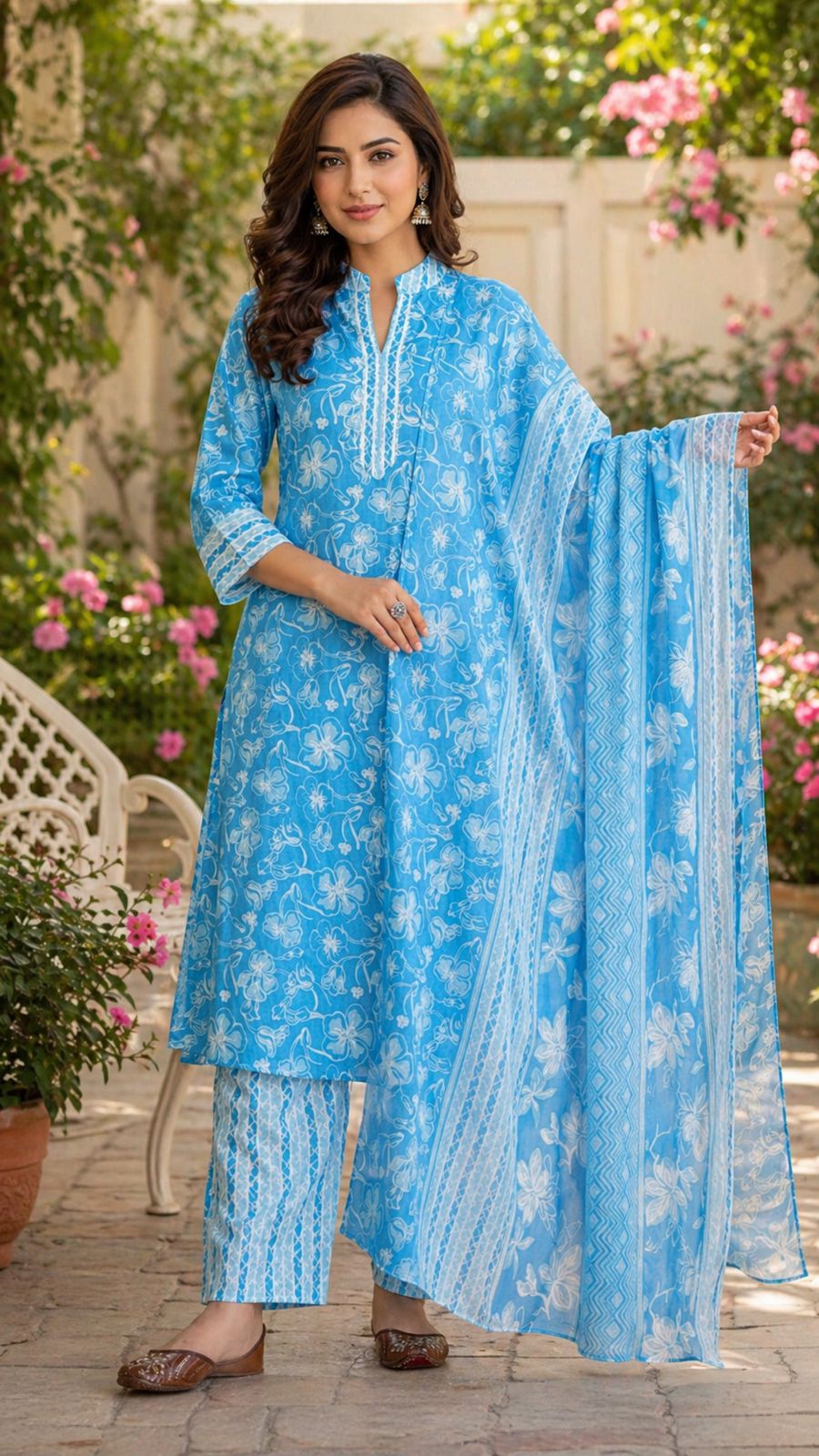 Blue Jaipuri Printed Cotton Kurta Pant Set with Dupatta – Summer Ethnic Wear
