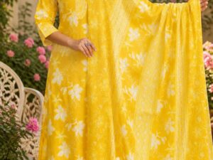 Yellow Jaipuri Printed Cotton Kurta Pant Dupatta Set
