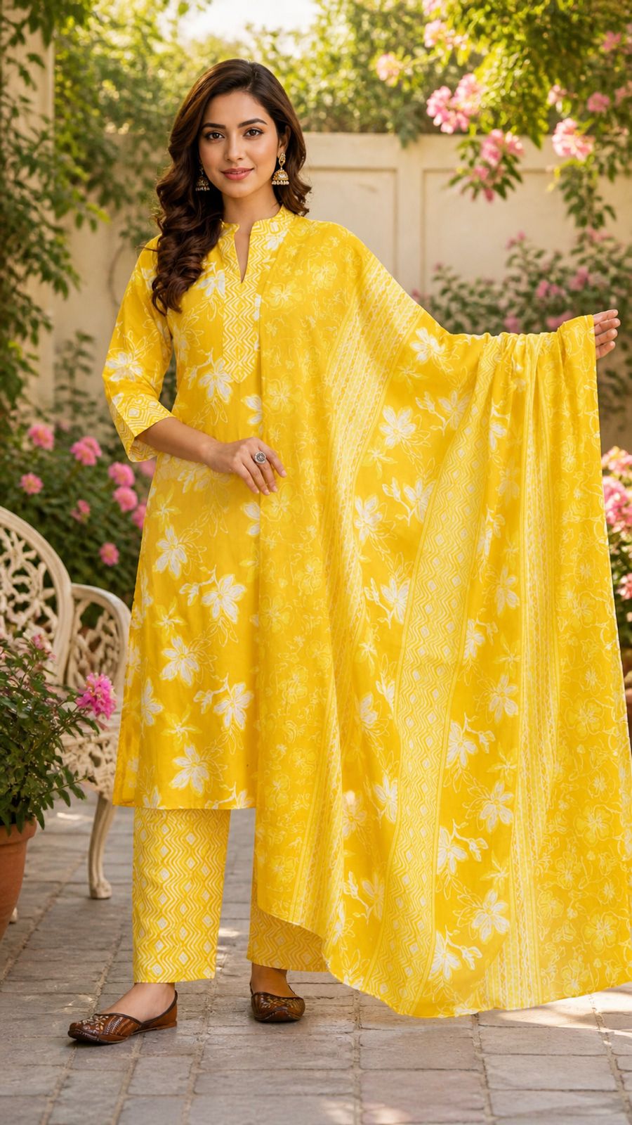 Yellow Jaipuri Printed Cotton Kurta Pant Dupatta Set