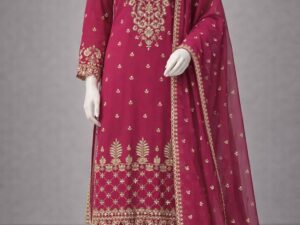 Rani pink embroidered kurta pant dupatta set with gold detailing for festive wear