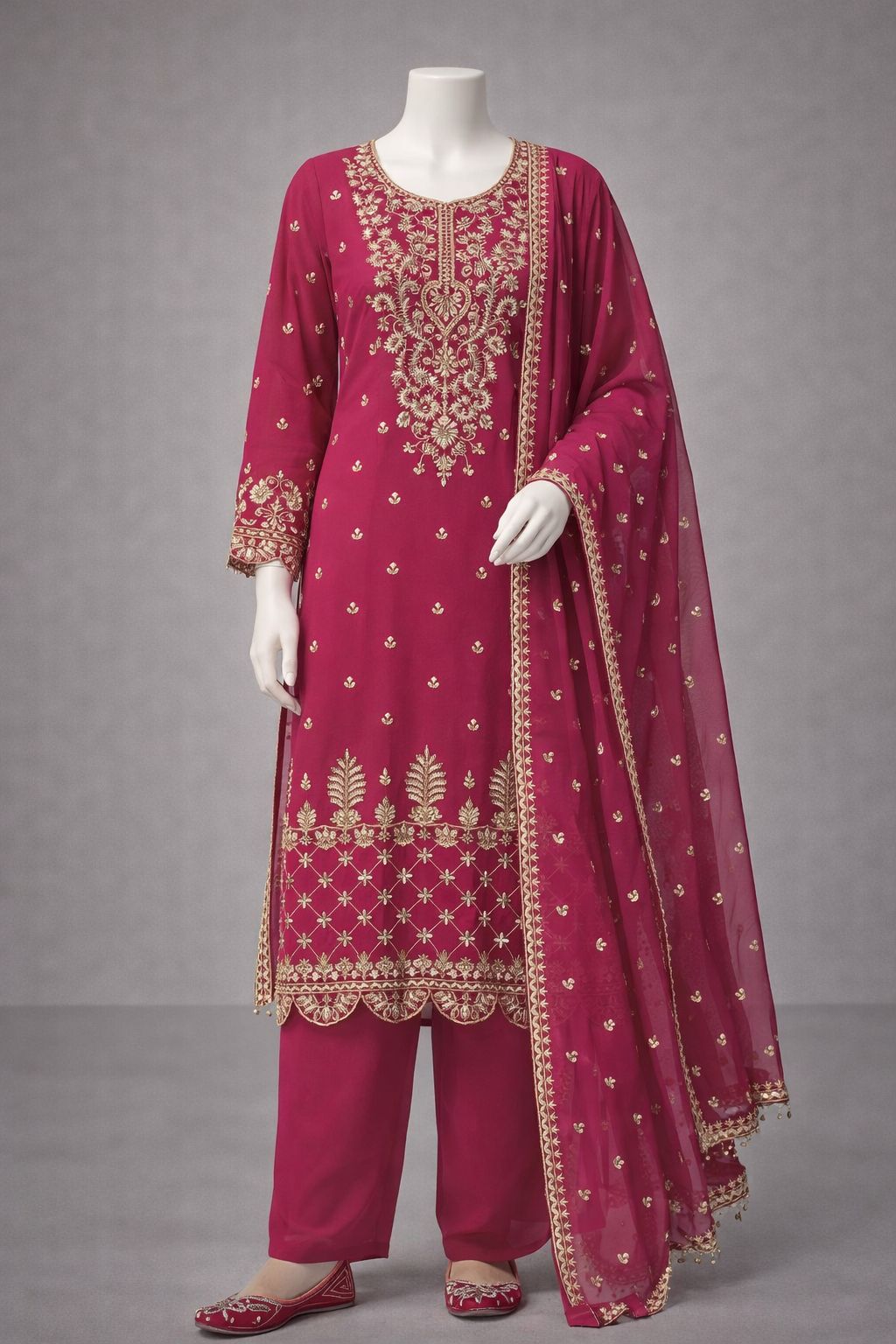 Rani pink embroidered kurta pant dupatta set with gold detailing for festive wear