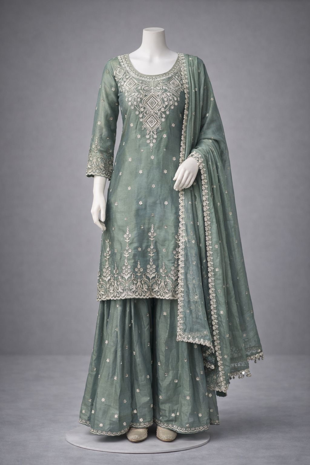 Fendi silk embroidered kurti sharara set with dupatta for wedding wear