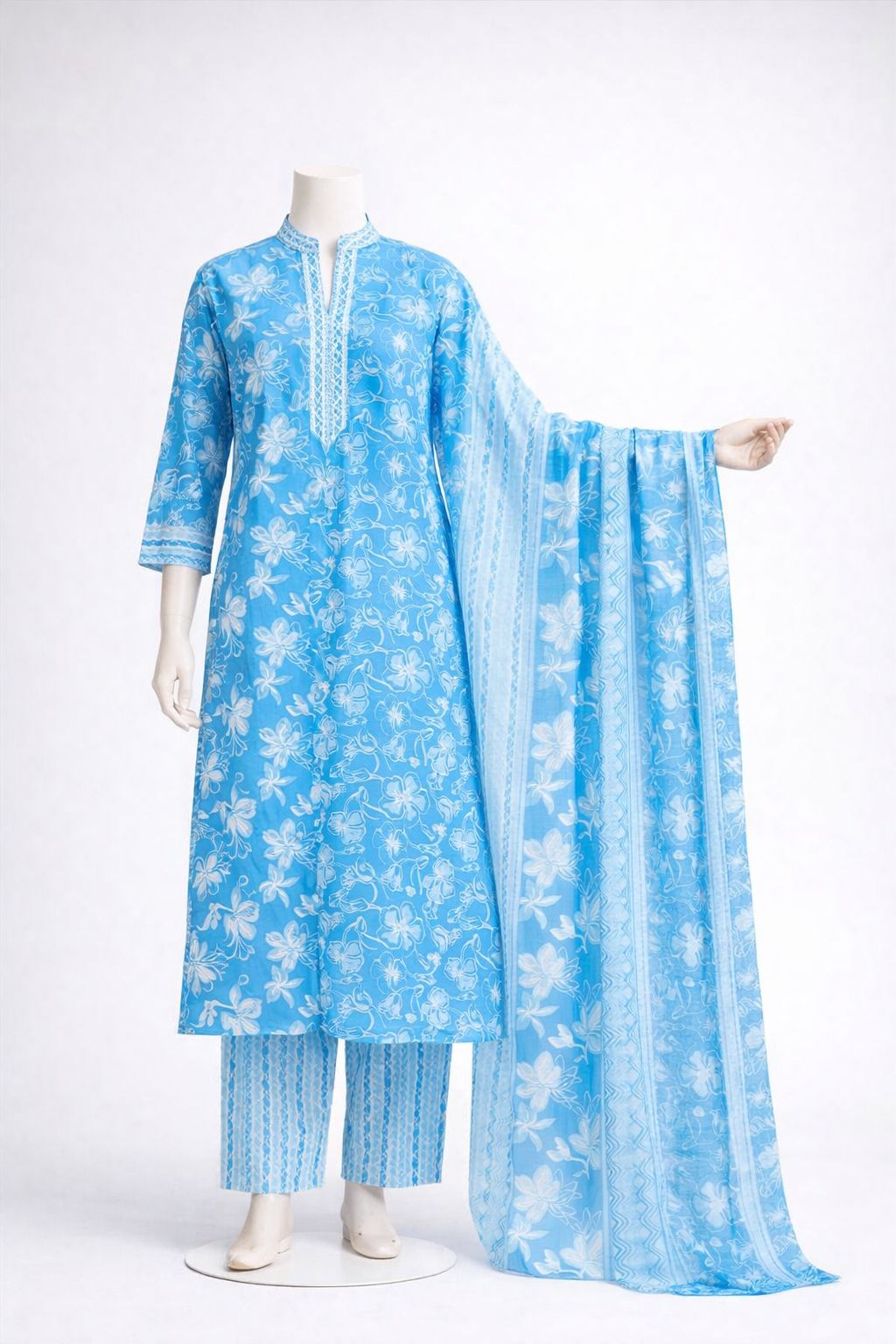 Blue jaipuri printed cotton kurta pant dupatta set for women