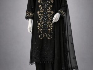 Black Embroidered Pakistani Kurta Pant Set with Dupatta – Festive & Wedding Wear