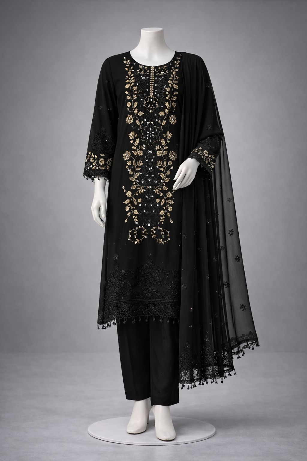 Black Embroidered Pakistani Kurta Pant Set with Dupatta – Festive & Wedding Wear