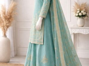 Pastel green embroidered Pakistani suit for women with dupatta