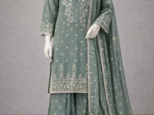 Premium designer Fendi silk top sharara dupatta set with coding sequins embroidery for women