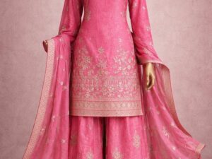 Premium designer pink kurti sharara set with zari and sequins embroidery for women