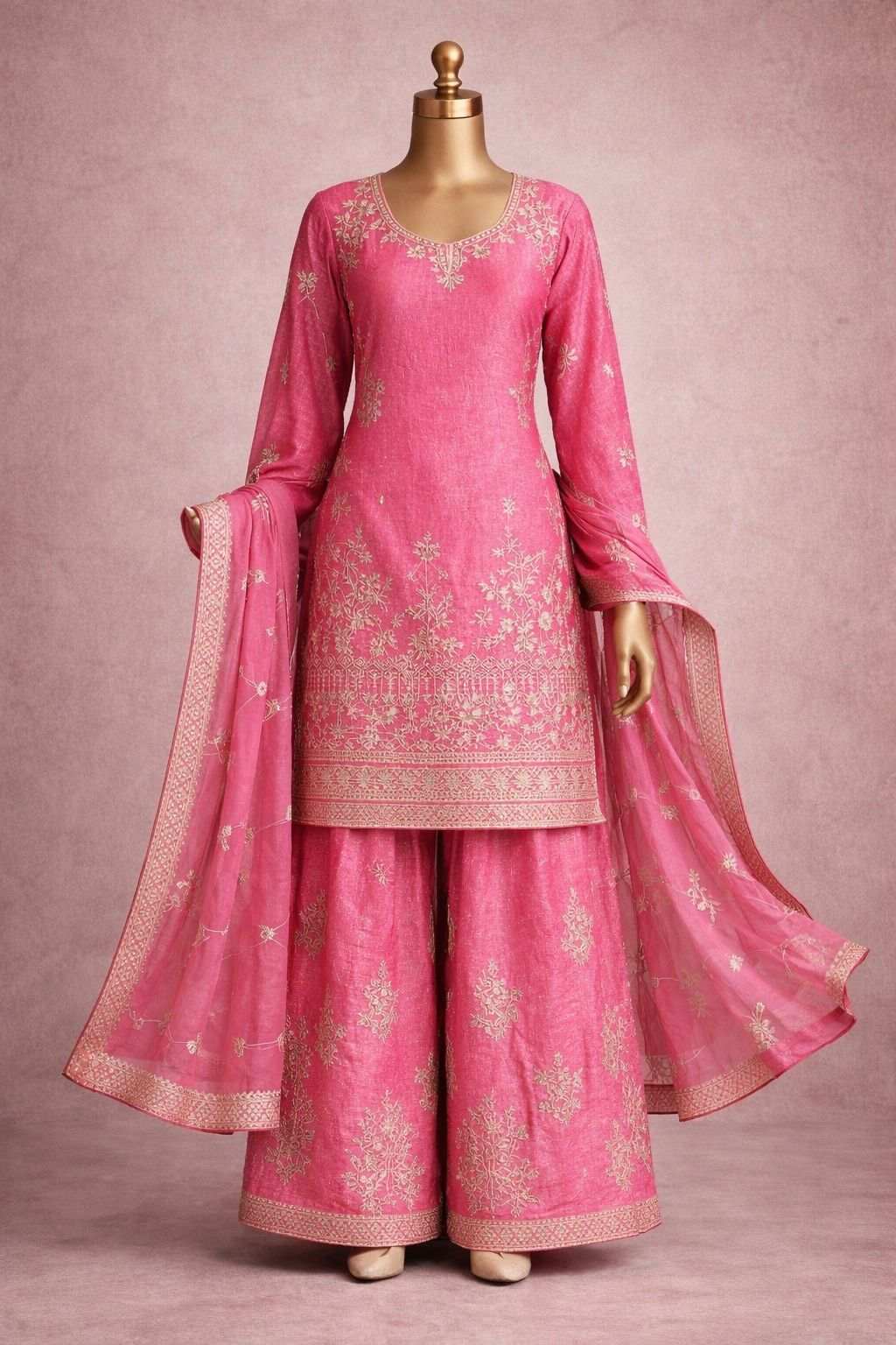 Premium designer pink kurti sharara set with zari and sequins embroidery for women