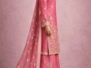 Premium designer pink kurti sharara set with zari and sequins embroidery for women