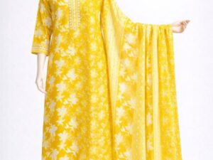Yellow Jaipuri Printed Cotton Kurta Pant Dupatta Set