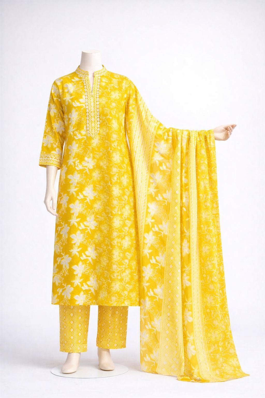 Yellow Jaipuri Printed Cotton Kurta Pant Dupatta Set