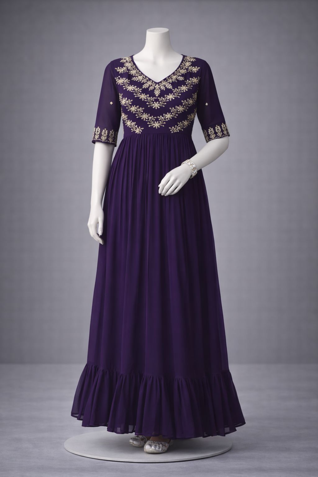 Women’s Embroidered Anarkali Gown with V-Neck & Flared Hem – Purple