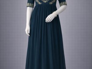 Women’s Embroidered Anarkali Gown with V-Neck & Flared Hem – Blue