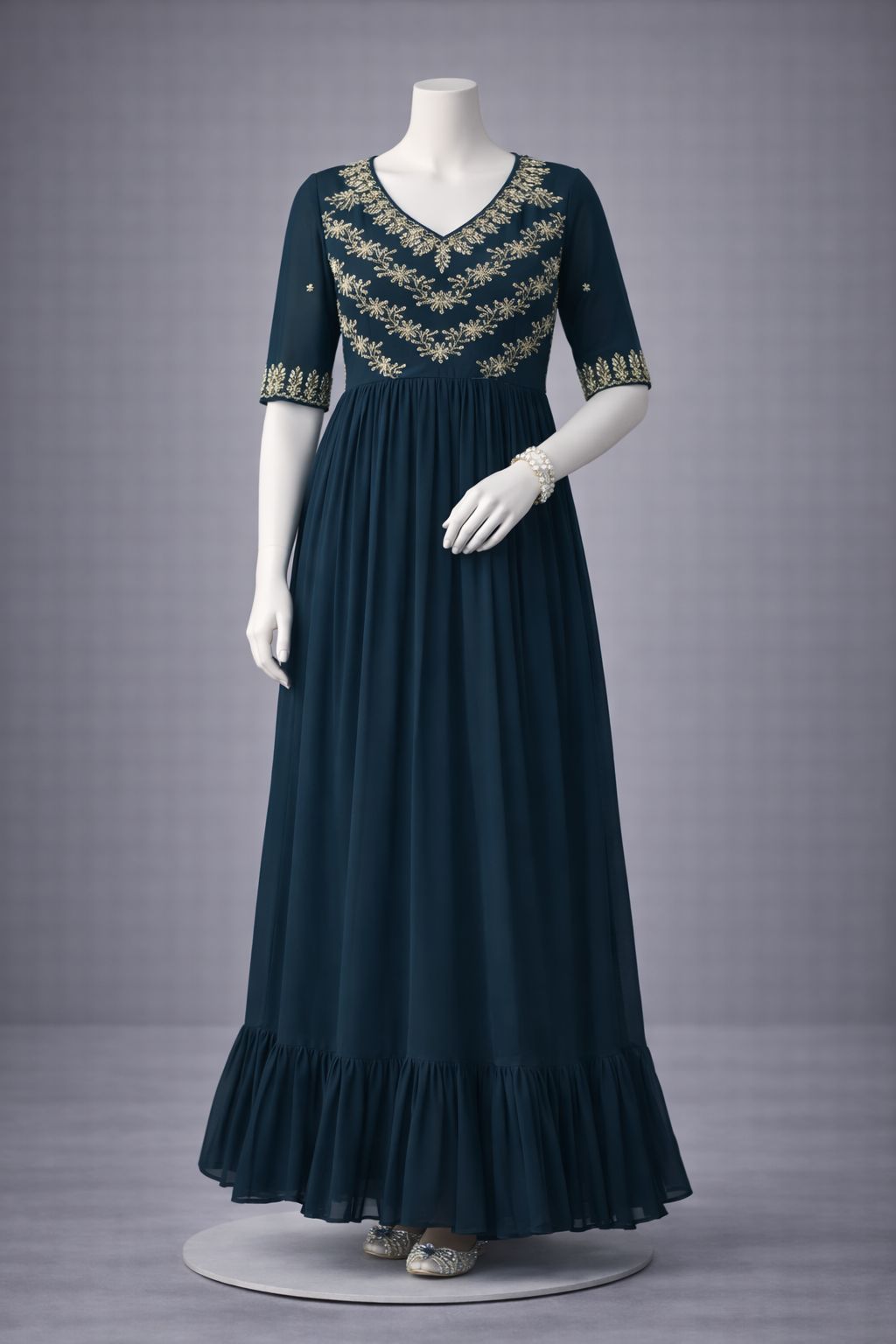 Women’s Embroidered Anarkali Gown with V-Neck & Flared Hem – Blue