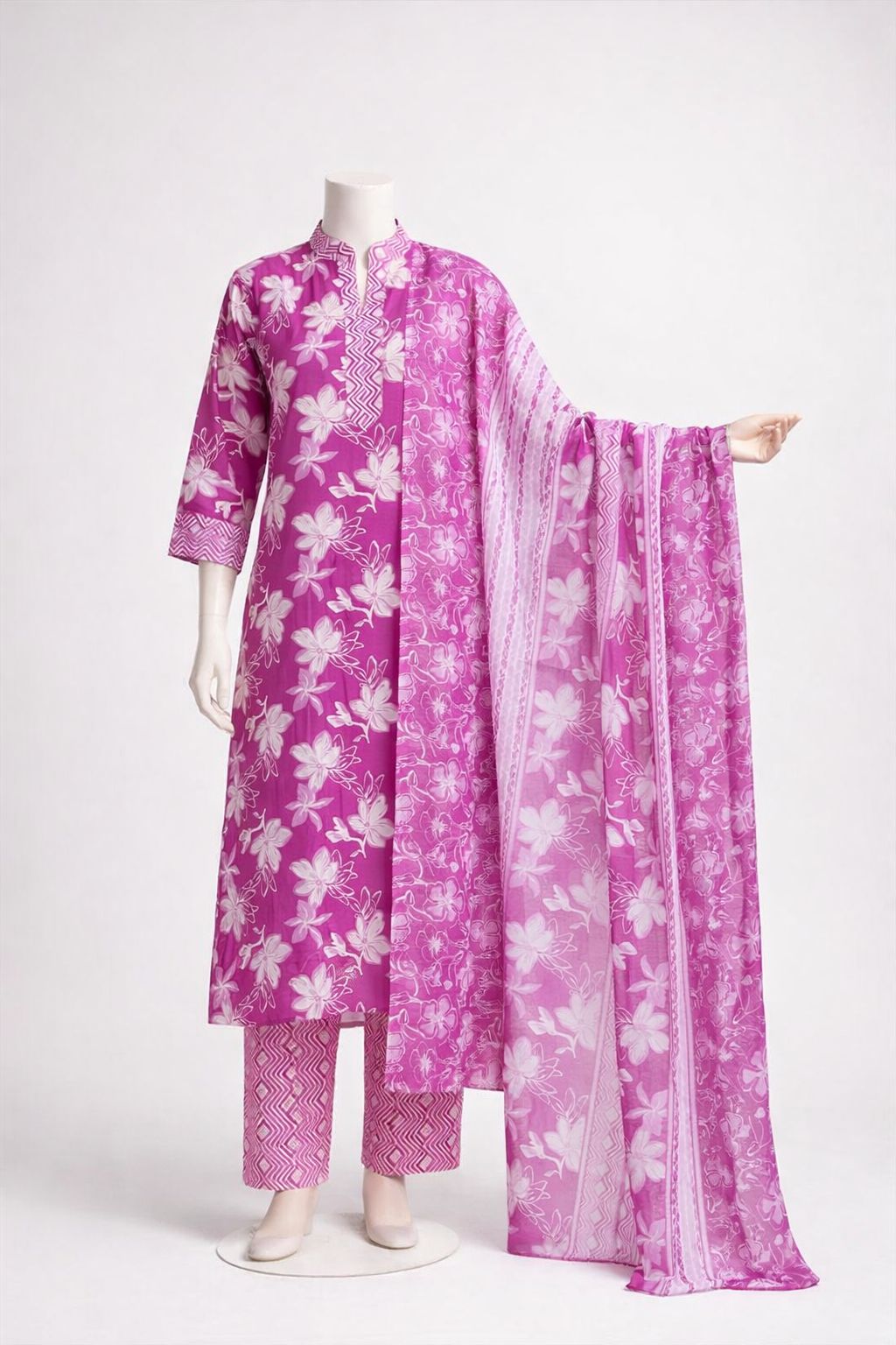 Pink Printed Cotton Kurta Pant Dupatta Set – Floral Summer Ethnic Wear