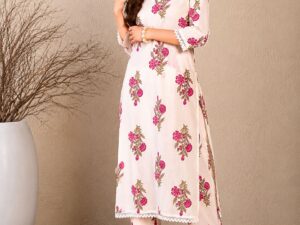 Women's Floral Printed Cotton Kurta Pant Set in Soft Cotton Fabric