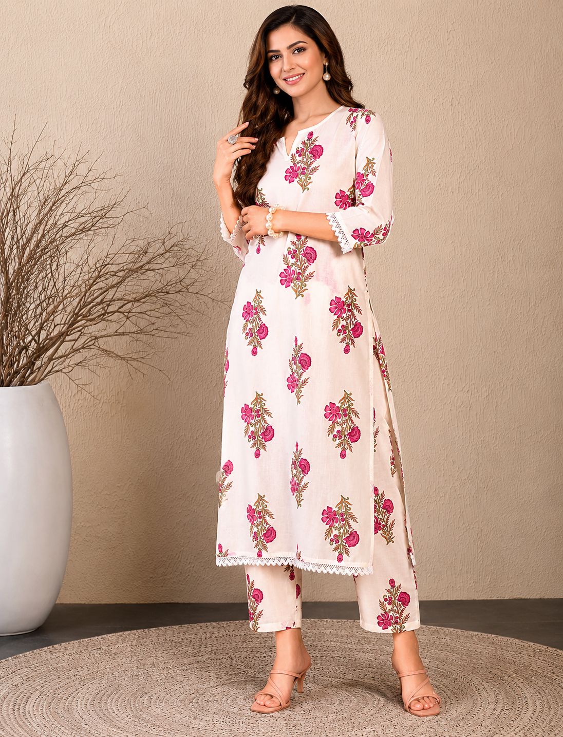 Women's Floral Printed Cotton Kurta Pant Set in Soft Cotton Fabric