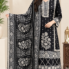 Black Rayon Zari Embroidered Suit Set for women with matching straight pants and printed dupatta