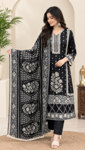 Black Rayon Zari Embroidered Suit Set for women with matching straight pants and printed dupatta