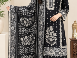 Black Rayon Zari Embroidered Suit Set for women with matching straight pants and printed dupatta