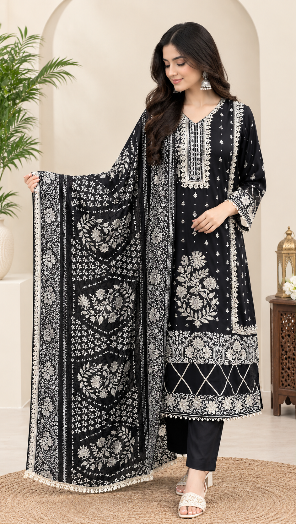 Black Rayon Zari Embroidered Suit Set for women with matching straight pants and printed dupatta